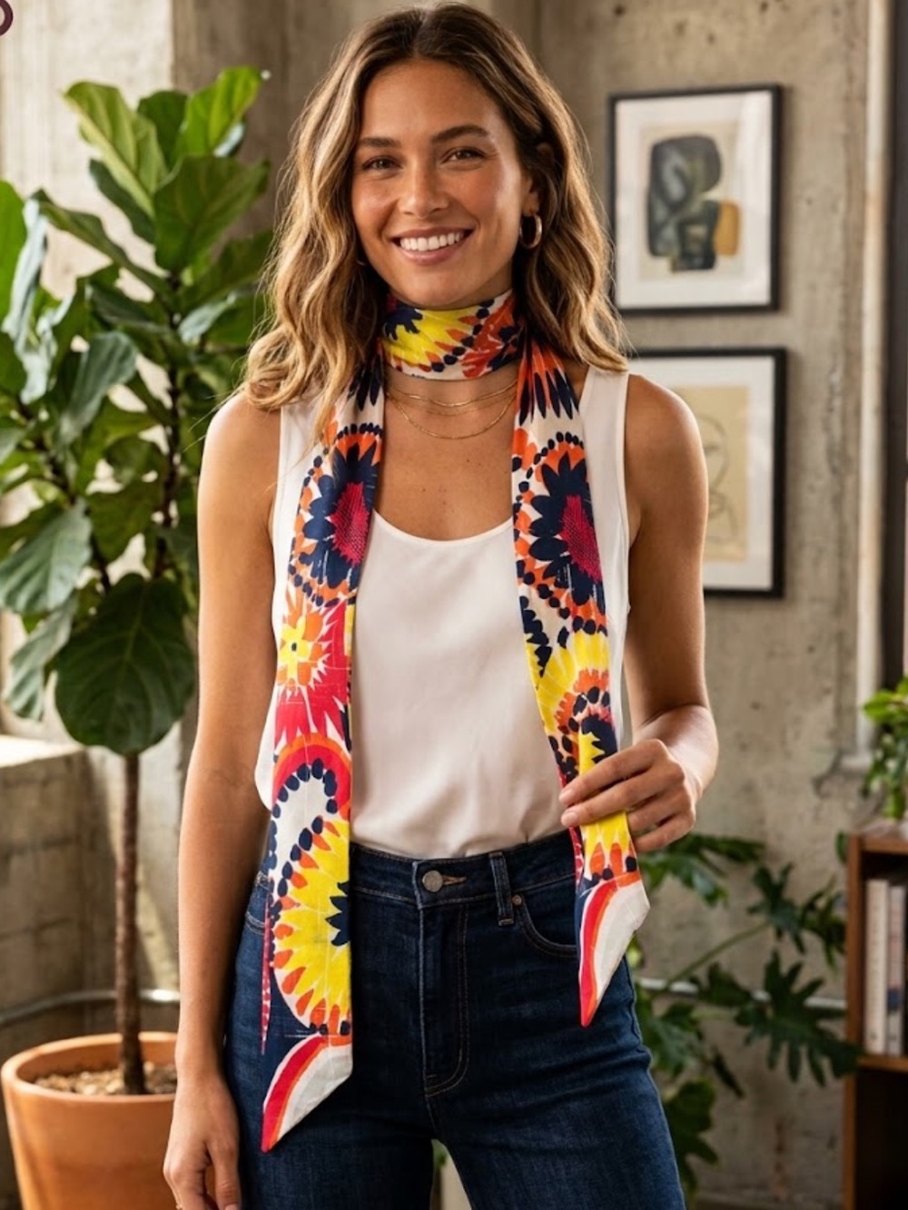 Trina Turk Bright Floral Twist Head / Neck Scarf in Yellow, Pink, Navy, Orange